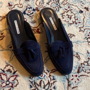Manolo Blahnik Women's Dark Blue Tassel Mules